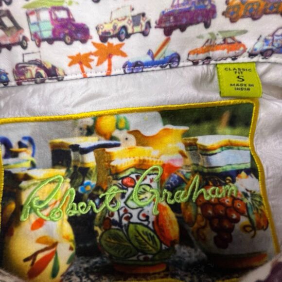 Robert Graham Shirt Men Small Flip Cuff Embroidered Striped Beach Cars Surfboard - Picture 5 of 13